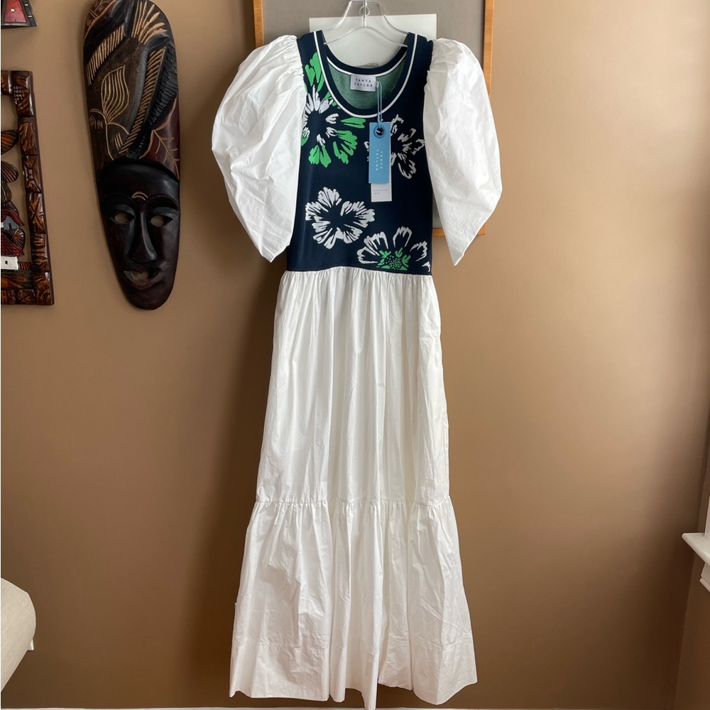 🤍💚NWT Tanya Taylor Naomi dress in white cotton poplin with knit bodice,size S.